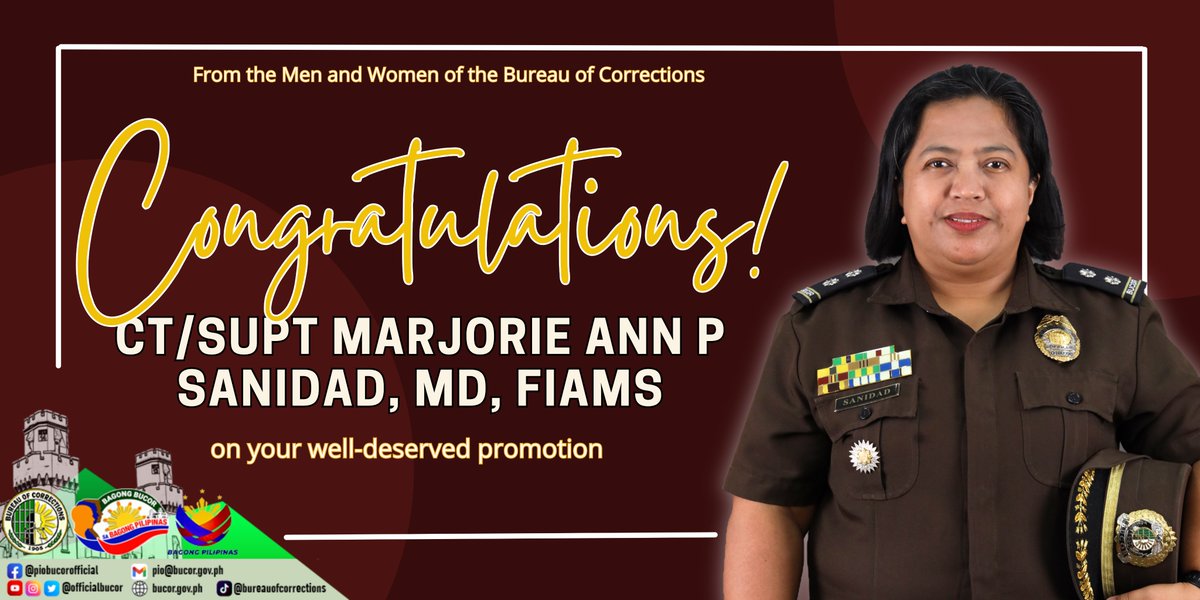 officialbucor's tweet photo. Congratulations to CT/SUPT MARJORIE ANN P SANIDAD, MD, FIAMS on your well-deserved promotion! Your hard work, dedication, and expertise have truly paid off. Wishing you continued success in this new chapter of your career.

#BAGONGBUCOR #bagongpilipinas https://t.co/vpbt6DePRr