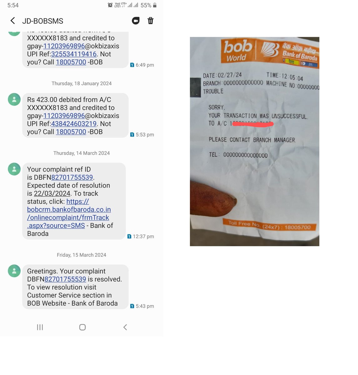 ashoksarva's tweet photo. @bankofbaroda cash deposited in CDM at kankroli Rajsamand branch on dated 27.02.2024 but money stuck in machine and amount not credited in my account..I have complained in branch but still no action please do the needful https://t.co/E0oNbnH0of