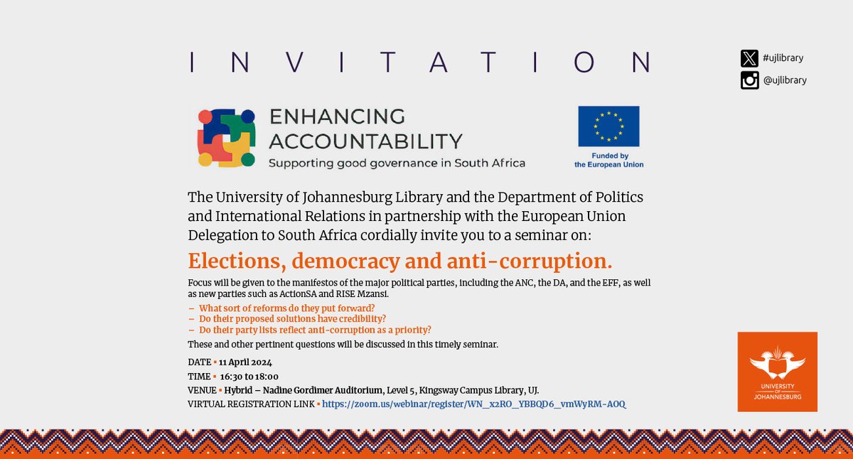 The @go2uj, in partnership with the European Union, invites you to a seminar on Elections, Democracy and Anti-corruption. @EA_TA_Facility 11 April 2024 16h30 to 18h00 (CAT) Register here: zoom.us/webinar/regist…