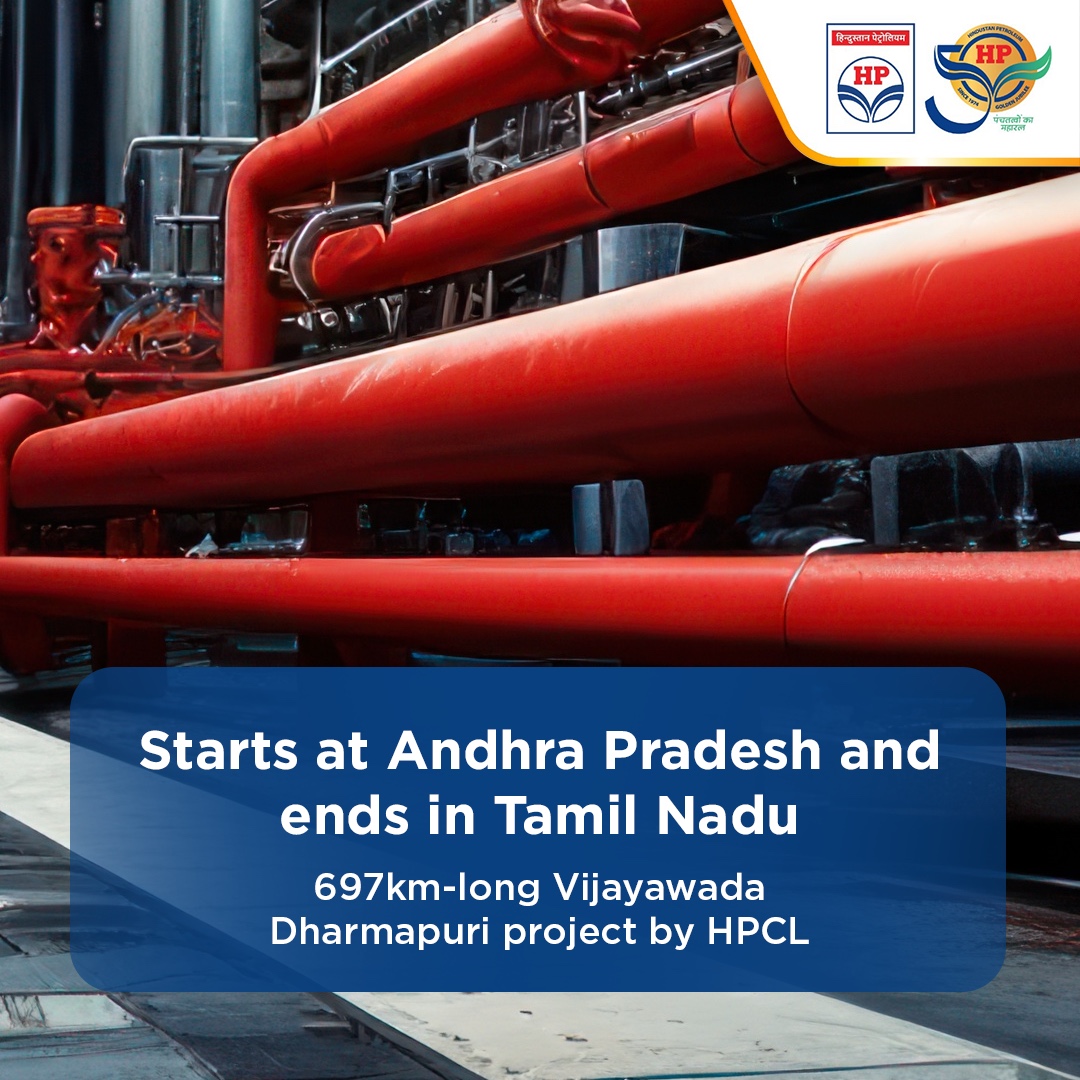 HPCL's tweet image. HPCL&apos;s large pipeline network delivers fuel from one part of the country to the other. Vijaywada-Dharmapuri Project is the most environment friendly mode of supplying products of Visakh Refinery to Tamil Nadu. 

#PipelineNetwork #HPTowardsGoldenHorizon #HPCL #DeliveringHappiness