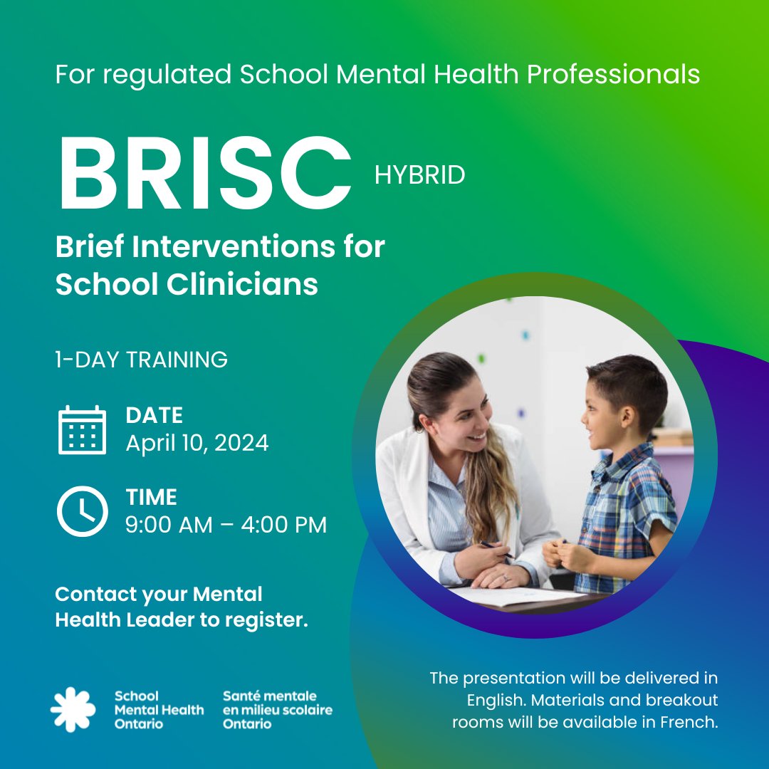 School Mental Health Professionals! Join us April 10 for training on BRISC (Brief Interventions for School Clinicians)—a brief, evidence-based, and flexible mental health intervention for students in grades 7-12. Contact your mental health leader to register.