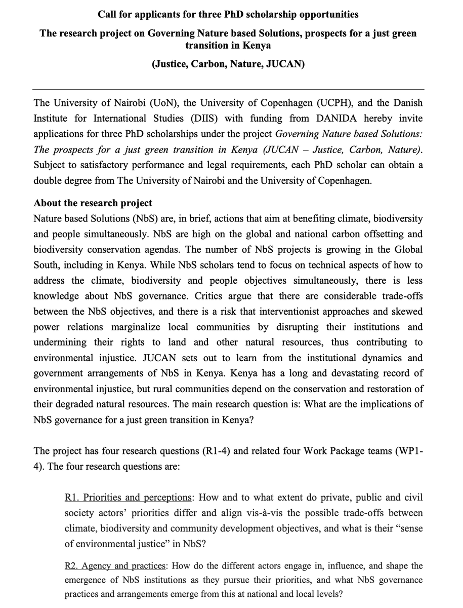 amanubo's tweet image. 🎯Exciting PhD call!
@uonbi, the University of Copenhagen, &amp;amp; the Danish Institute for International Studies invite applications for 3 PhD scholarships under the project Governing Nature-based Solutions: The prospects for a just green transition in Kenya (Justice, Carbon, Nature).