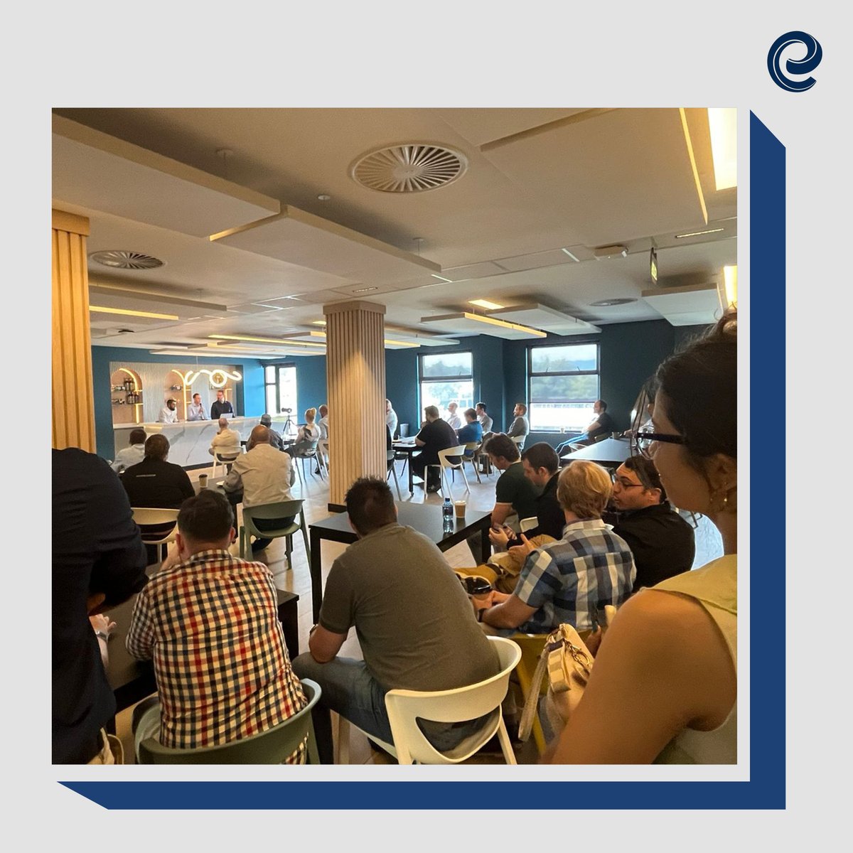 Entelect's tweet photo. Delivery Managers, Moosa Gani and Bennie Grobler, took to the stage (or the coffee bar as it were) yesterday in our weekly #EntelectEngage series.
They emphasised the importance of great communication and thinking about business challenges more holistically.
It was a great and insightful session. Swipe for some wisdom.😄