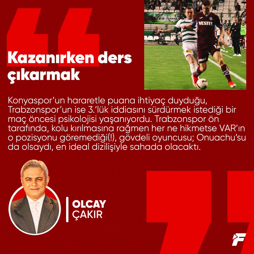 ✍️ @OlcayCakirr: Trabzonspor ön tarafında, kolu kırılmasına rağmen her ne hikmetse VAR’ın o pozisyonu göremediği(!), gövdeli oyuncusu; Onuachu’su da olsaydı, en ideal dizilişiyle sahada olacaktı. 🔗 bit.ly/3J65dSY