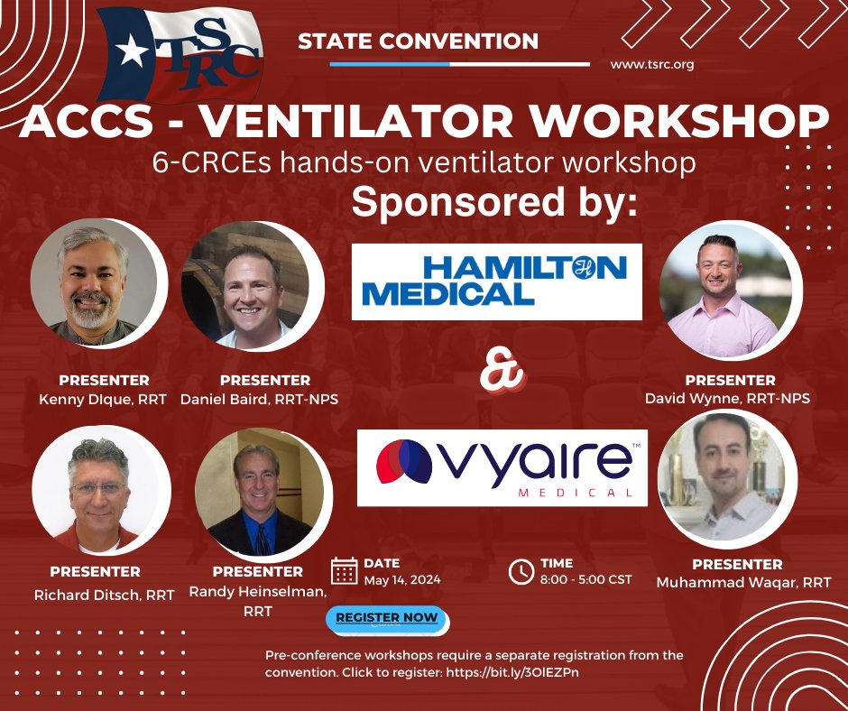 🔥 Get ready to elevate your skills at the TSRC State Convention's ACCS - Ventilator Workshop! Join our expert lineup of presenters on May 14, 2024, from 8:00 AM to 5:00 PM CST for a dynamic 6-CRCE hands-on experience. 🌐 Register today at bit.ly/30lE2ZPn