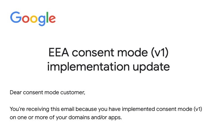 pablomoratinos's tweet photo. Con el tema del #ConsentMode me da la sensación de que Google está pegando tiros al aire a ver si caza algo. Me están llegando avisos como este a cuentas donde no hay ningún contenedor con el CoMo v1 implementado. https://t.co/0csC4gWOb5