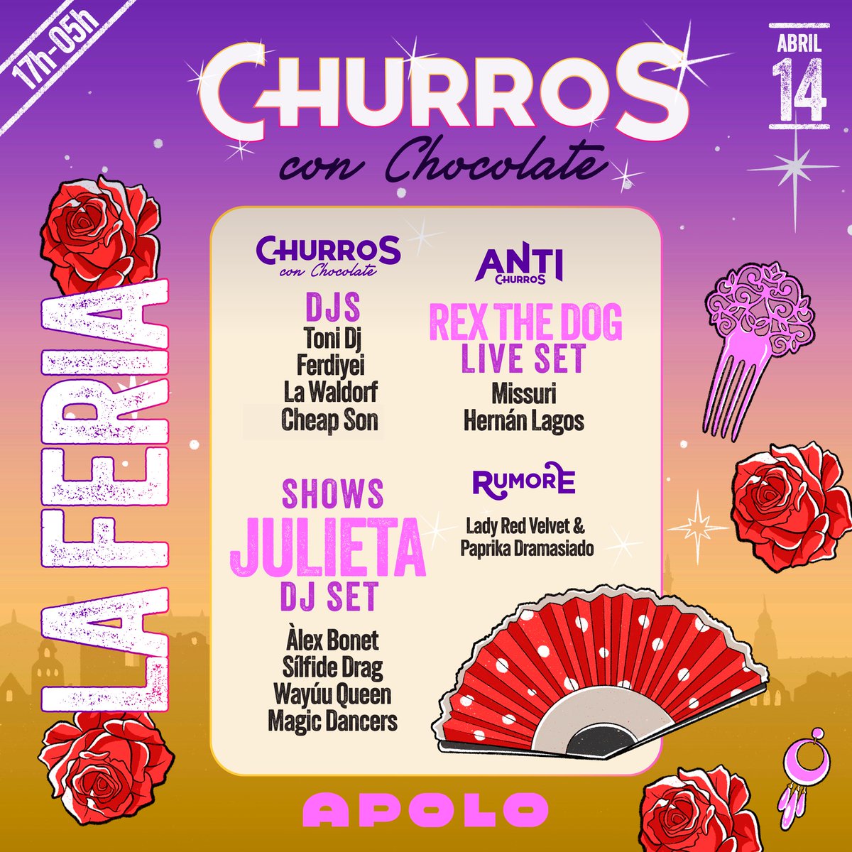 💃🏻 Este domingo CHURROS FERIA con Julieta DJ set y <a href="/rexthedog1980/">Rex The Dog</a> en @sala_apolo 🎶 ¿Te mueres de ganas de meterte en tu vestido de flamenca y ponerte finx a rebujito? 👠 ¡Pues esta es tu fiesta! ☺️  
¡Olé todo! 💥 Baila de 16h a 05h 🕓
🎟 link.dice.fm/b3e41a683210