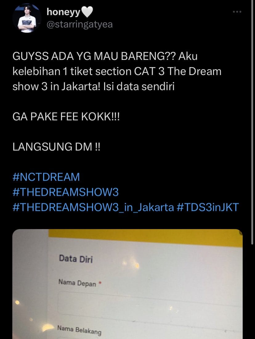 SCAMMER WTS TIKET TDS 3 IN JAKARTA PRESALE DREAM A CAT 3

@cookiehazzel @starringatyea JANGAN ADA YANG DM!! HATI HATI GUYS!

#NCTDREAM 
#THEDREAMSHOW3 #THEDREAMSHOW3_in_Jakarta #TDS3inJKT