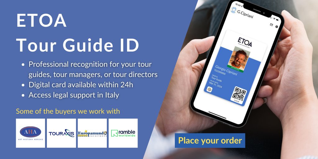 Do you want your tour guides to stand out? Get them an ETOA Tour Guide ID so that they can: - Show their credibility and expertise - Enhance the trust and confidence among their clients - Gain access to discounts and perks. 👉 Find out more bit.ly/3vZ2ebA