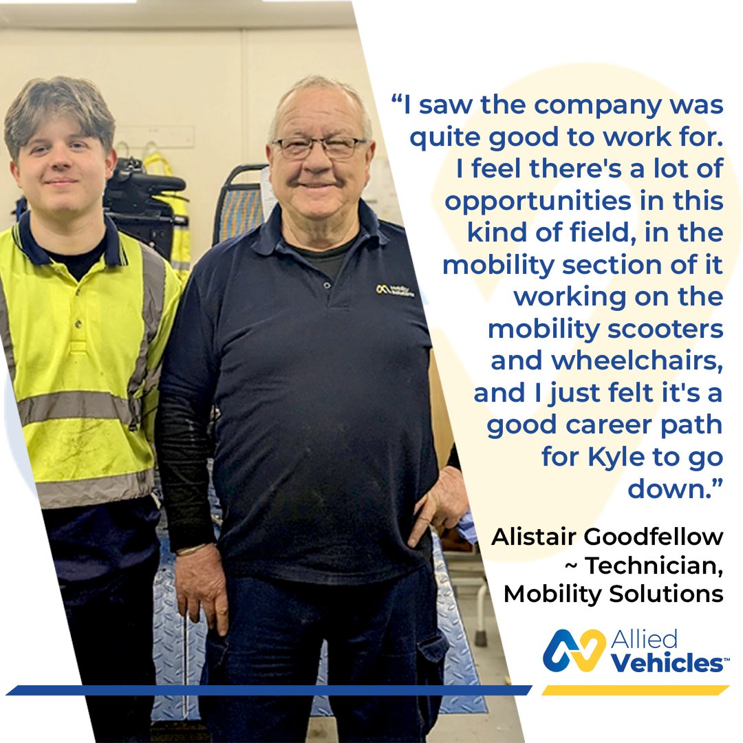 Kyle and Alistair Goodfellow are a grandson-grandfather duo working together in Mobility Solutions. Alistair is training Kyle, a young electrical engineer just starting out in his career.

Read their story at ow.ly/SJ3050R7K2N

#WeMovePeople #AlliedFamily