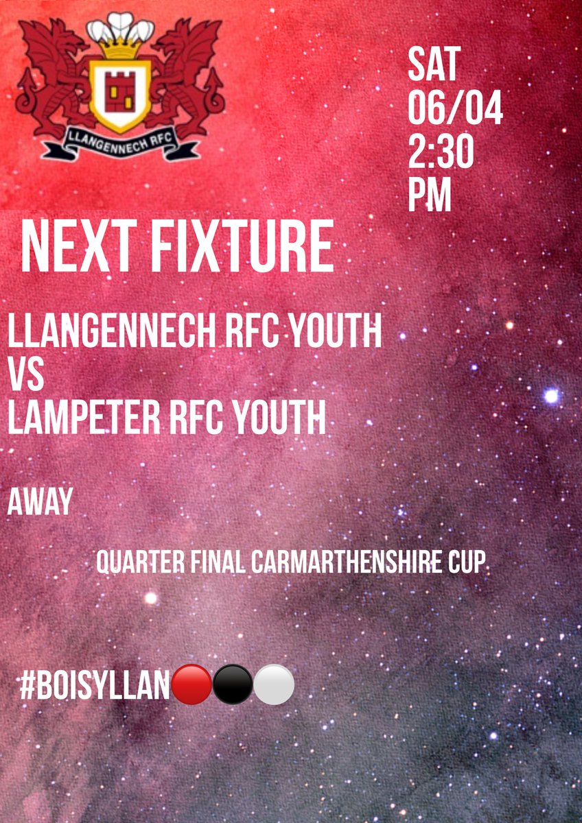 🔴⚫️⚪️ Next Fixture 🔴⚫️⚪️

It’s the Quarter Final of the Carmarthenshire cup this week for the boys! 🔴⚫️⚪️

🆚 @lampetertownrfc youth 
🗓️April 6th
⏰2:30 PM
🏟️Away   

#youthrugbyrising #boisyllan🔴⚫️⚪️