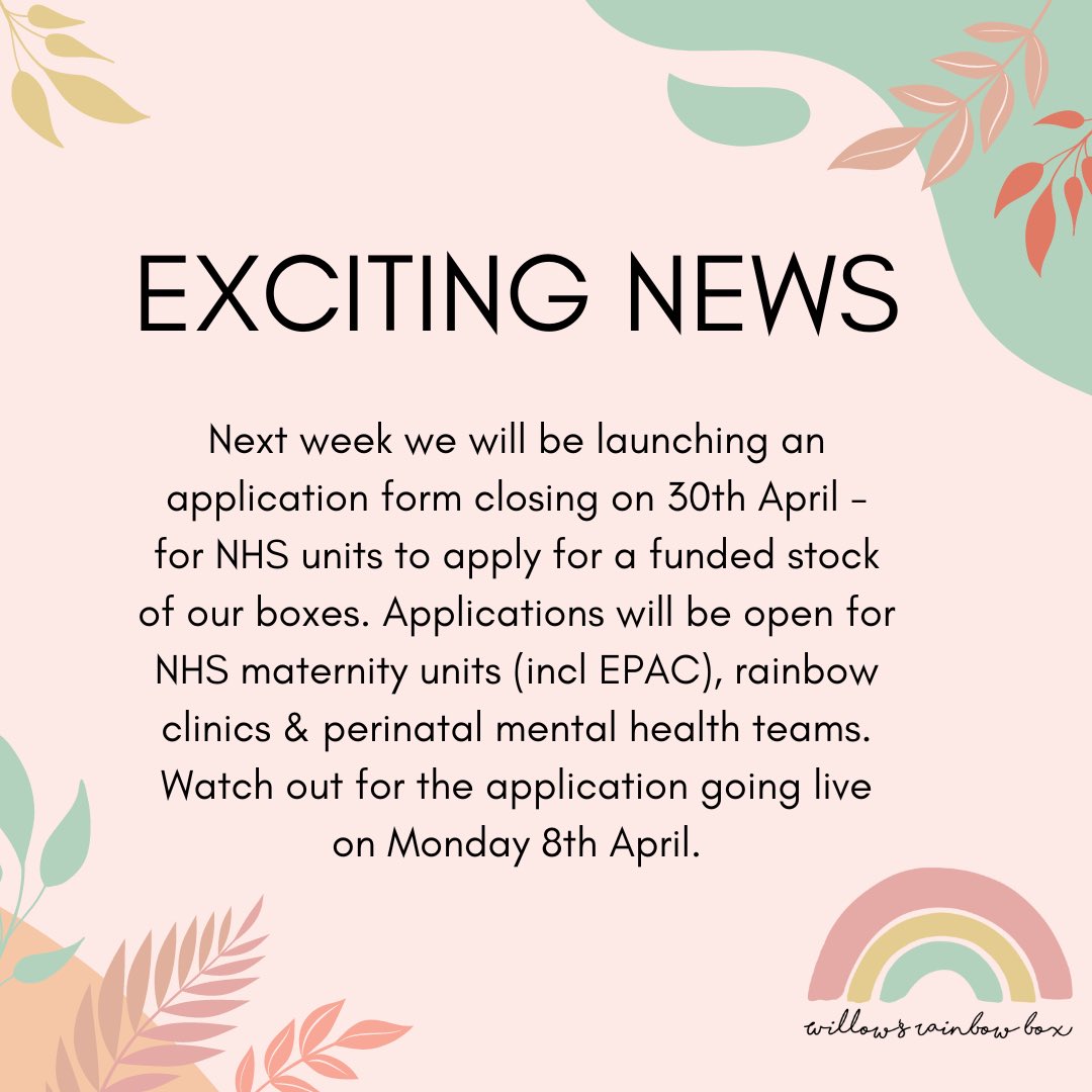 NHS maternity units (including EPACs), rainbow clinics & perinatal mental health teams in England - Thanks to @TNLComFund we’re able to offer a limited stock of our boxes for a unit (possibly 2 units) A short application form is launching next week for this & closing on 30/04.