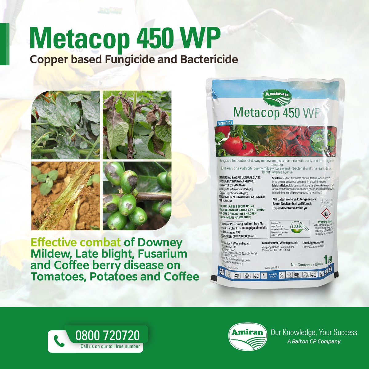 Metacop 450 WP is an advanced fungicide offering both preventive and curative properties. With a broad spectrum of activity, it effectively manages bacterial and fungal infections. Key Info: Call us toll-free at 0800720720. Our team of experts is happy to assist you.