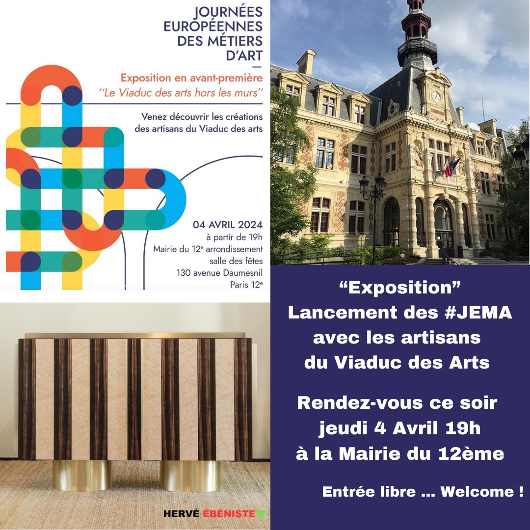 [Expo - Lancement JEMA Viaduc des Arts - Paris 12eme] 🗓️ Jeudi 4 Avril 19h Rendez-vous ce soir à la Mairie du 12eme en Salle des Fêtes … Welcome 😀
<a href="/Mairie12Paris/">Mairie du 12e</a> 
@viaducdesartsofficiel @jemaofficiel @institutsavoirfairefr @pariscommerce
#ebeniste #jema