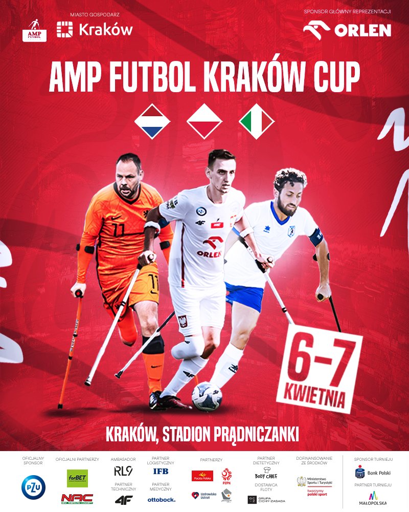 ⚽️Już w najbliższy weekend zapraszamy na Amp Futbol Kraków Cup 2024⚽️, gdzie reprezentacja 🇵🇱 @AmpFutbolPolska zmierzy się z Włochami i Holandią. 💪Trzymamy kciuki za biało-czerwonych! #JednąNogąWFinale 📅6-7 kwietnia 📍Prądniczanka Kraków 🎟️Wstęp wolny