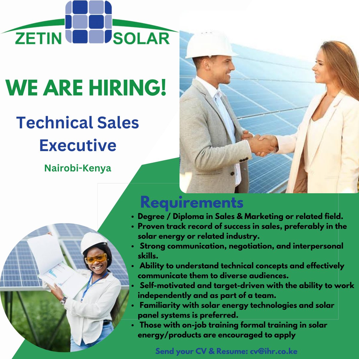 JOB VACANCY!!
We are hiring a Technical Sales Executive in our Nairobi Kenya branch.
Qualified and interested candidates to send their CVs to cv@ihr.co.ke
#hiringalert #technicalsales #solarcompany #ApplyNow