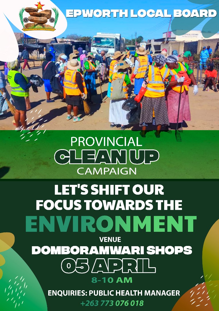 @ProvinceHarare will be cleaning at Domboramwari business centre in @Epworthlb tomorrow. #NationalCleanUpDay. Be part of this noble cause. #OurEnvironmentOurPride @InfoMinZW @HarareResidents @cohsunshinecity @chitungwizamun @RuwaBoard