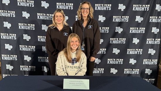 North Penn senior Caleigh Sperling was recognized for committing to continue her basketball career at Thomas Jefferson University. @NPHS_KnightsBB @NPHSKnights @Jefferson_wb suburbanonesports.com/college-signin…