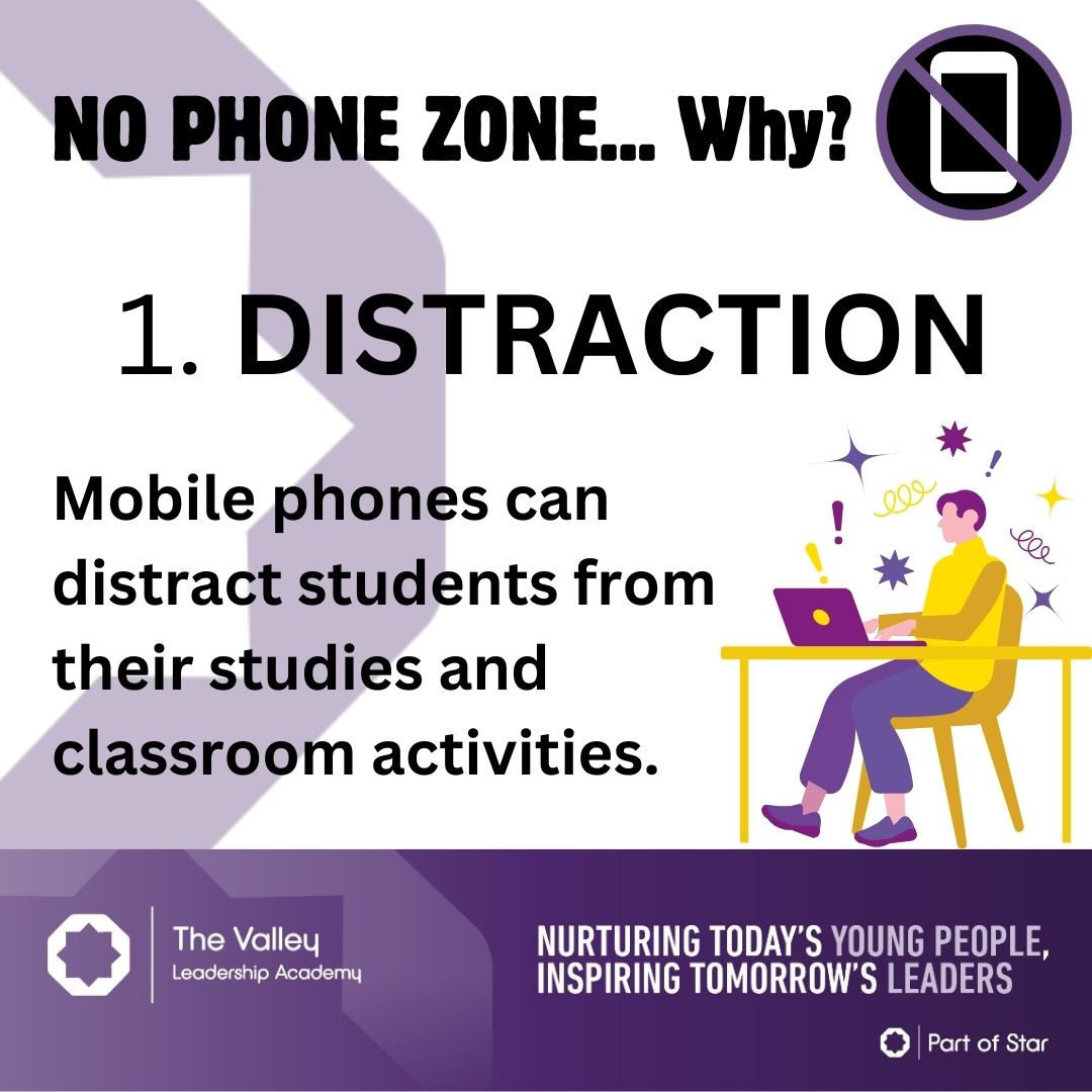 Distraction: Mobile phones can distract students from their studies and classroom activities. They may be tempted to use their phones for social media, games, or messaging, which can hinder their focus and attention. #WeAreStar #TheValleyWay #NoPhoneZone