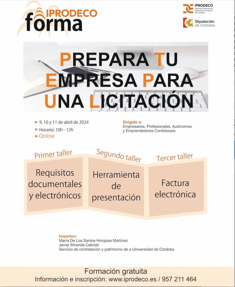 ¡¡Aún estás a tiempo¡¡... No te pierdas nuestros talleres formativos gratuitos y tu empresa podrá presentarse con éxito a una licitación @dipucordoba @FelixRomeroC @CECOes_ @AJECordoba @FEPCORDOBA @cadecordobaAE @camaraofcordoba @autonomosata @pymesyautonomos