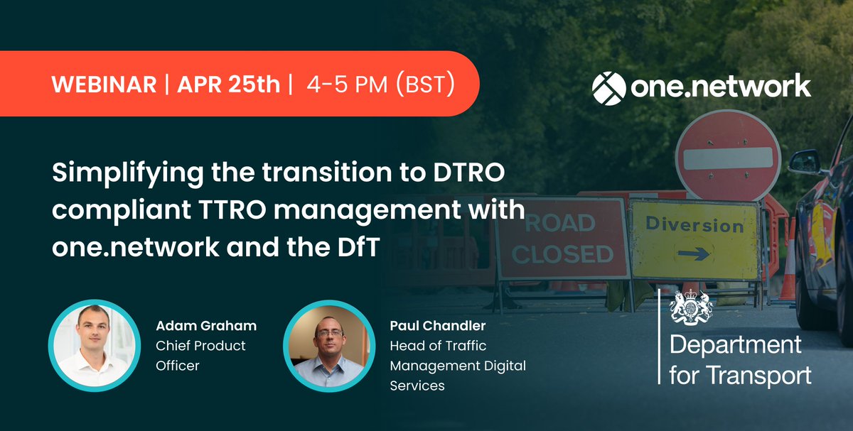 onenetworkHQ's tweet photo. 📢 Webinar alert! We have another webinar coming your way! Join us on April 25th at 4pm BST for a conversation with @transportgovuk on how, together, we're simplifying the transition to #DTRO compliant #TTRO management 🛣️ 🚧 ⚡
https://t.co/iBeYbURjaf https://t.co/2vO7rE7uZP