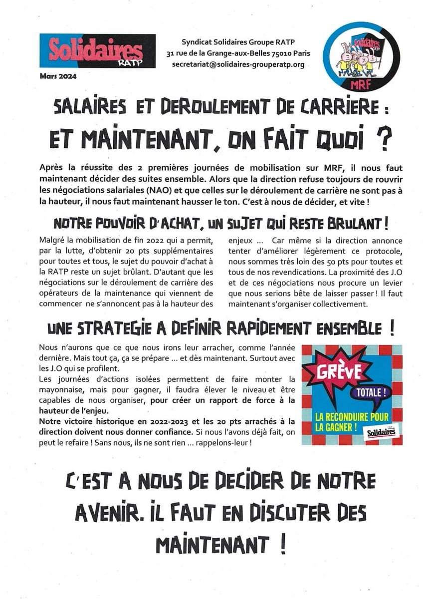 #Salaire et #DeroulementDeCarriere à la maintenance, il faut passer au-delà des journées isolées ! #Greve #MouvementSocial #Mobilisation #RATP