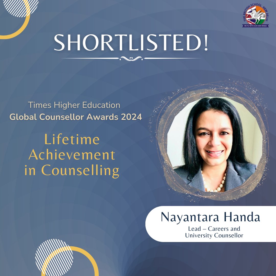 We are thrilled to announce that Nayantara Handa has been shortlisted by @timeshighered for a Lifetime Achievement in Counselling. The Global Counsellor Awards will take place in London at the end of the month. We wish Nayantara good luck! #TBSDelhi #TeamTBS #TimesHigherEducation