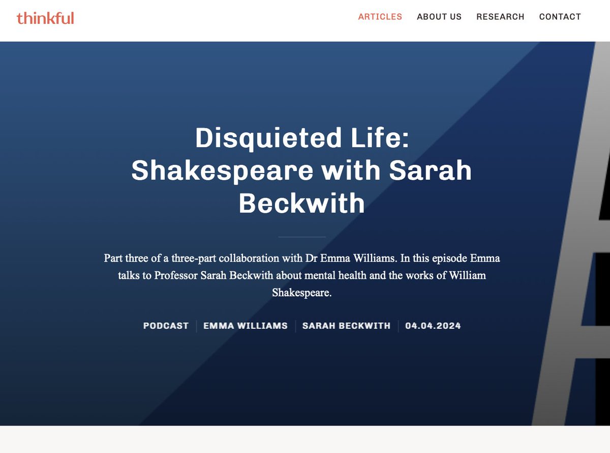 'You can be alive, but have you taken 'on' your life? Those are very different things.' This week's #ThinkfulThursday Dr Emma Williams speaks to Prof. Sarah Beckwith about what we can learn about mental health from the works of William Shakespeare. thinkful.ie/articles/disqu…