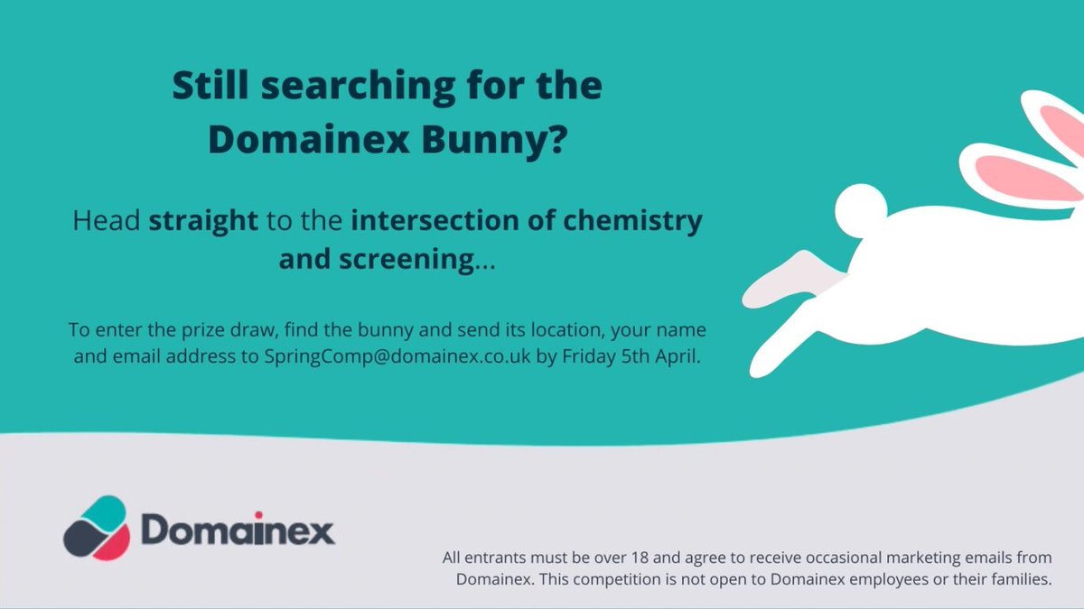 Good luck to everyone who has entered our competition so far. Still can’t find the Domainex bunny? Find a service we offer that includes plate-based chemistry… domainex.co.uk #HappyEaster #DrugDiscovery #BunnyDiscovery