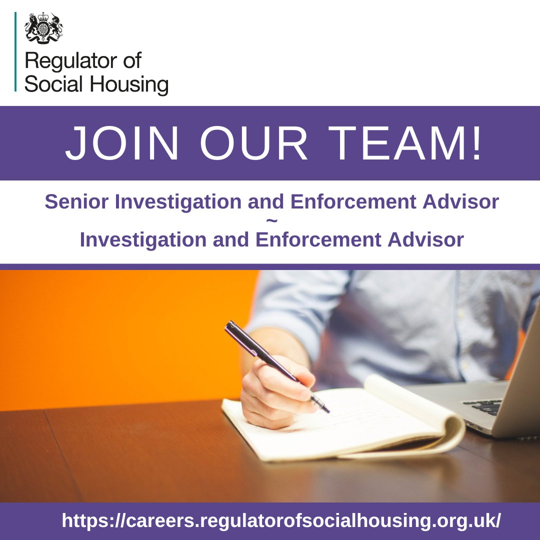 We have a fantastic opportunity for a financially skilled Senior Advisor and Advisor to join our Investigation and Enforcement team at the Regulator of Social Housing. Find out more and apply: Senior Advisor: …reers.regulatorofsocialhousing.org.uk/job/537651 Advisor: …reers.regulatorofsocialhousing.org.uk/job/537643