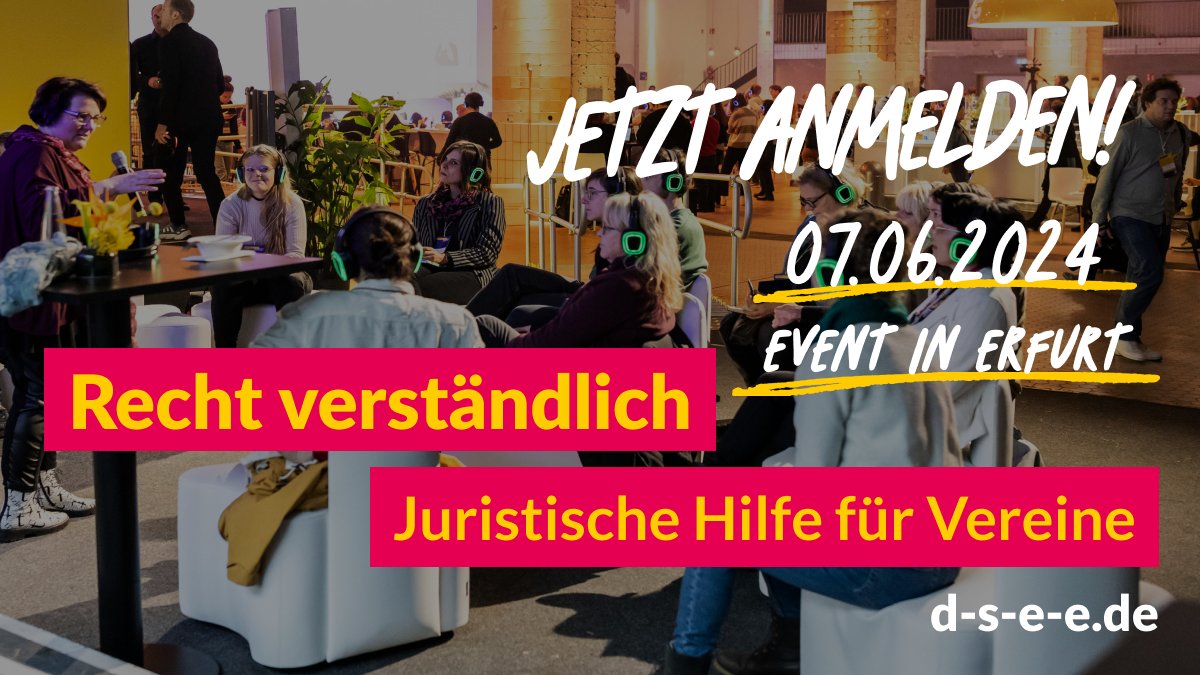 Am 7. Juni 2024 findet unsere Konferenz 'Recht verständlich' in Erfurt statt! In Podiumsdiskussionen, Workshops und individuellen Beratungen helfen wir euch, in rechtlichen Fragen den Durchblick zu behalten. Jetzt anmelden: pretix.eu/DSEE/ReVe/