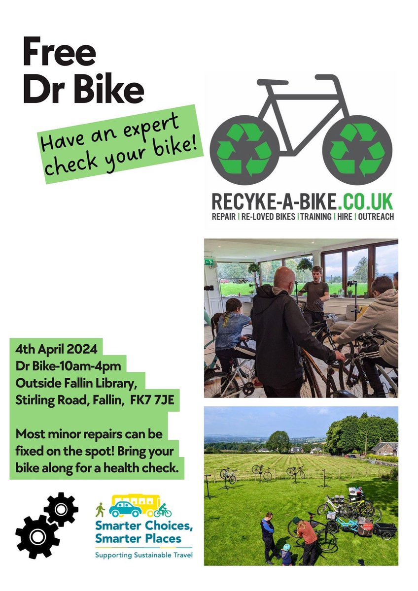 Dr Bike will be outside the library today checking bikes for safety and making minor repairs! @recykeabike