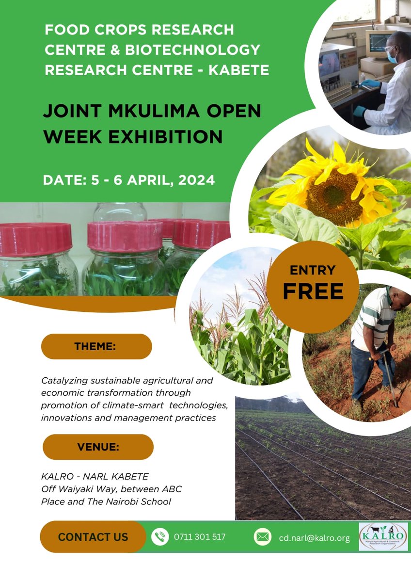 Tomorrow is the day! Join us at KALRO Kabete along Waiyaki Way between Nairobi School and ABC Place tomorrow and Saturday to learn about our climate smart technologies accompanied with free agro-advisory services during the Joint Mkulima Open Week Exhibitions 2024.