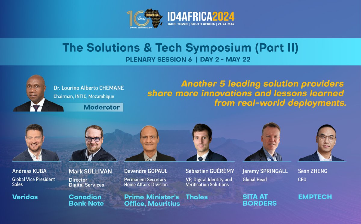 Don't miss the Solutions & Tech Symposium @ID4Africa2024 for updates on cutting-edge solutions and technologies to support ID4D. Hear from leading solution providers #Veridos @cbncomsol @thalesgroup @SITAonline @EmpTech Join Us: id4africaevents.com/2024/registrat… #ID4Africa2024