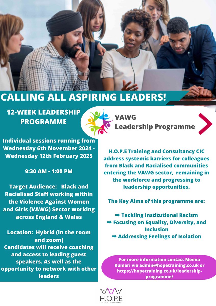 Our H.O.P.E Leadership program applications are now open! To access more information: hopetraining.co.uk/leadership-pro… To apply: form.123formbuilder.com/6408870/my-for… 10 free spaces for “by and for organisations’ 🙌🏾 Rest of spaces you can pay for! Cohort 3 we cannot wait to meet you 👩🏿🧑🏽👧🏾👨🏿👩🏻‍🦱👱🏿