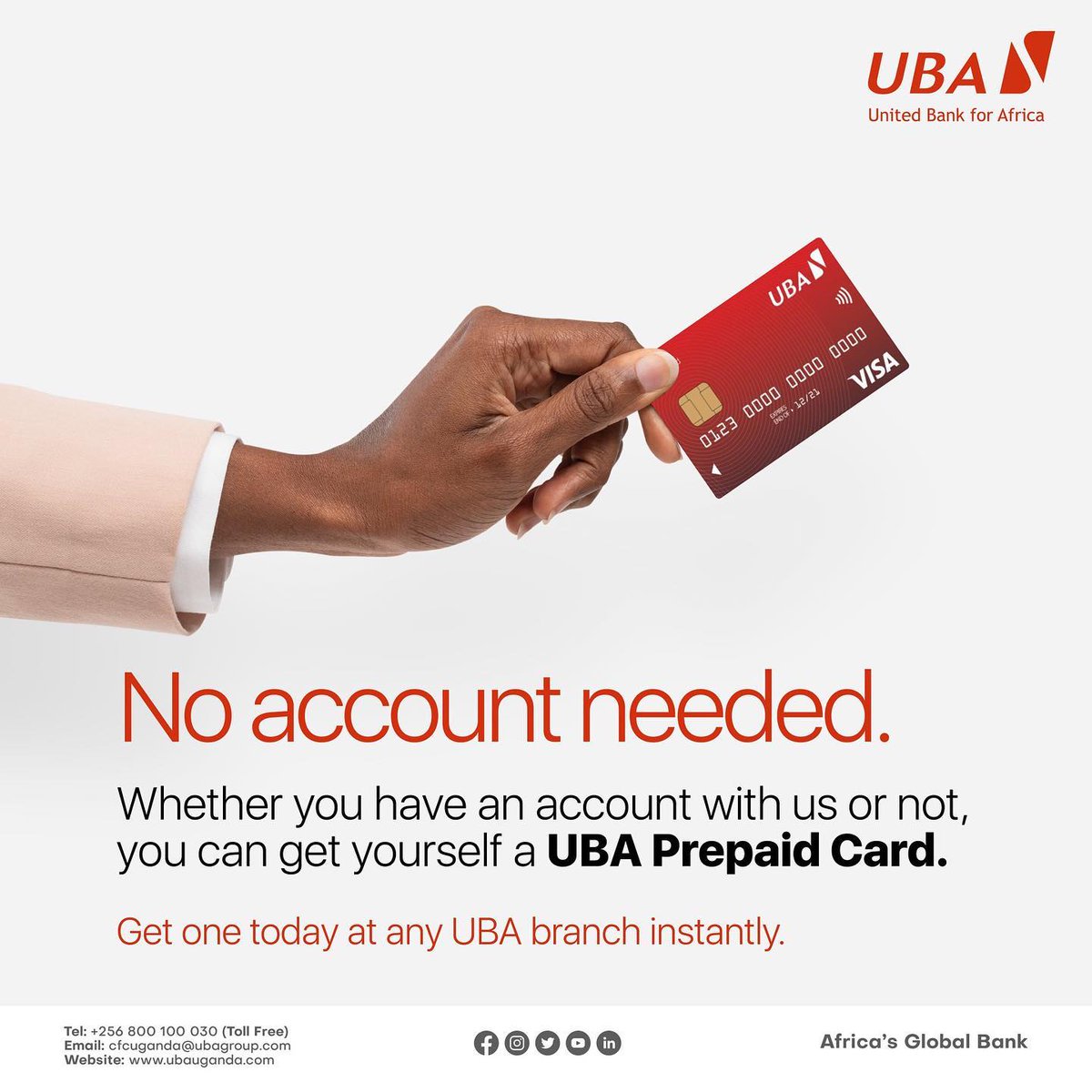 Whether you have an account with us or not, you can have a UBA Prepaid card with us. Simply visit any branch to get one, all you need is a passport photo and national ID/passport for non-nationals. You can also call 0800100030/0780142329 or send an email to…