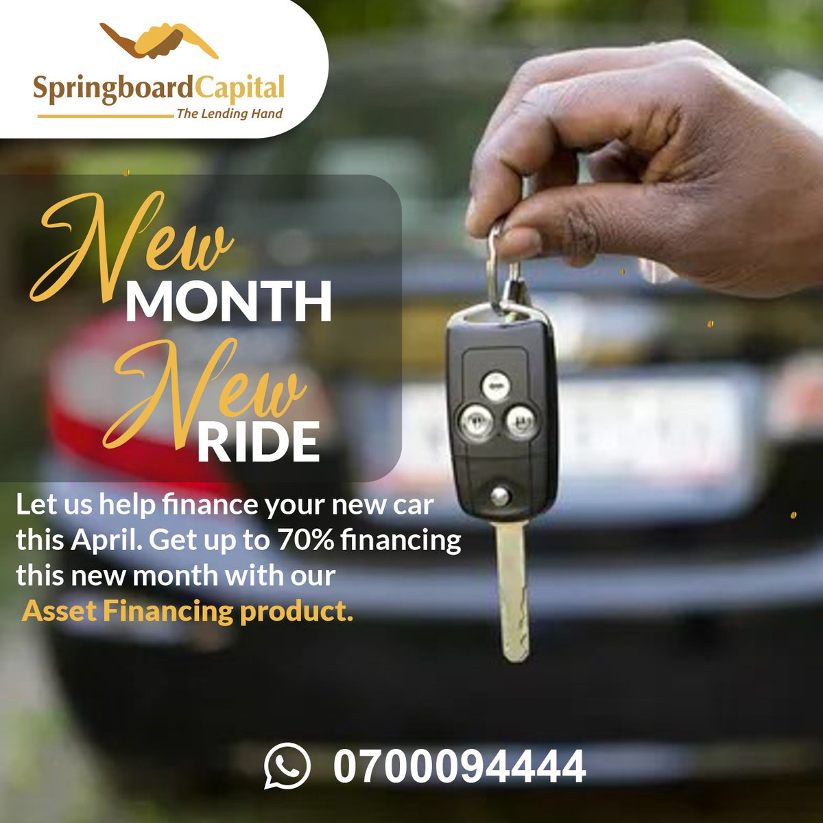 Enjoy this new month in your new vehicle!😃🚗Get upto 70% financing for your new motor vehicle with our Asset financing product.💸 To apply, visit or website: springboardcapital.co.ke/asset-financin… or Call/ WhatsApp 0700094444 today. #SBC #TheLendingHand #AssetFinancing #Loan #LogbookLoan