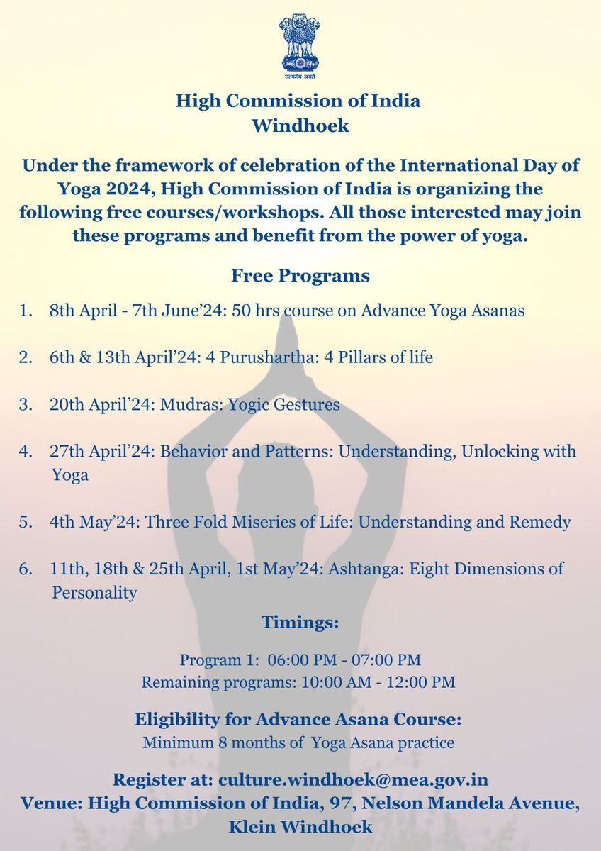 Let's come together to embrace the power of Yoga to nurture our body, mind, and spirit. We encourage you to make use of this opportunity at #hciwindhoek under the framework of the International Day of Yoga 2024. Register your participation! @moayush @iccr_hq @IndianDiplomacy