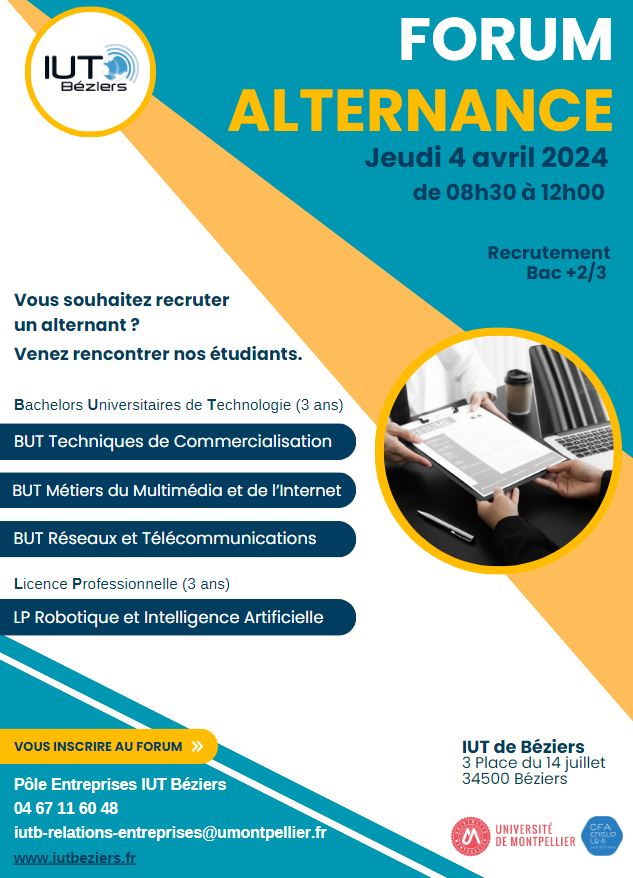 Aujourd'hui, l'IUT organise son forum de l'Alternance de 8h30 à 12h, avec la participation de près de 14 entreprises. Nos étudiants auront l'occasion de rencontrer des représentants d'entreprises et d'explorer les opportunités d'alternance disponibles.