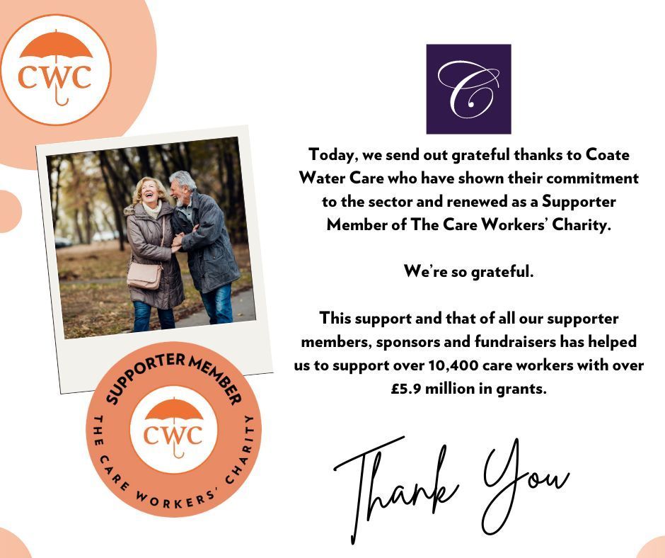 📣 👏 Our grateful thanks goes out to @coatewatercare who have shown their commitment to the sector and signed up as Supporter Members of #TheCareWorkersCharity. We’re so grateful #CareSector #UKCare #Care #ThankYou #SupporterMember #CareProviders #CareWorkers #ThankYouThursday