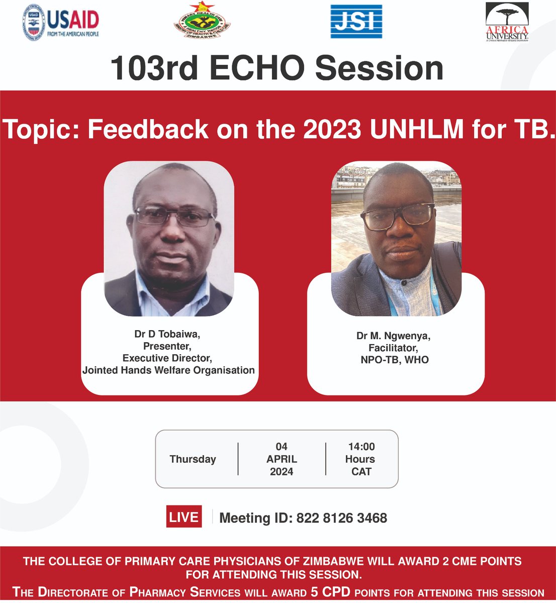 Join our Executive Director today, as he will be giving feedback on the 2023 UNHLM for TB during the 103rd ECHO Session. #EndTB #YesWeCanEndTB @UsaidZimbabwe @MoHCCZim @StopTBZimbabwe @UnionZimTrust @bainesohs @zimbabwe_health