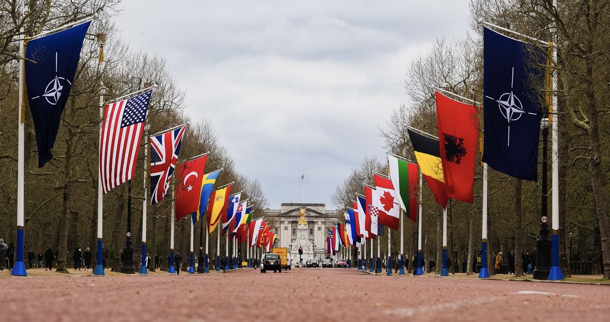 Allied & @NATO flags lining the Mall to Buckingham Palace in London today to mark the Alliance’s 75th anniversary. NATO is the bedrock of our security, allowing us to determine our own future & live freely by our values.