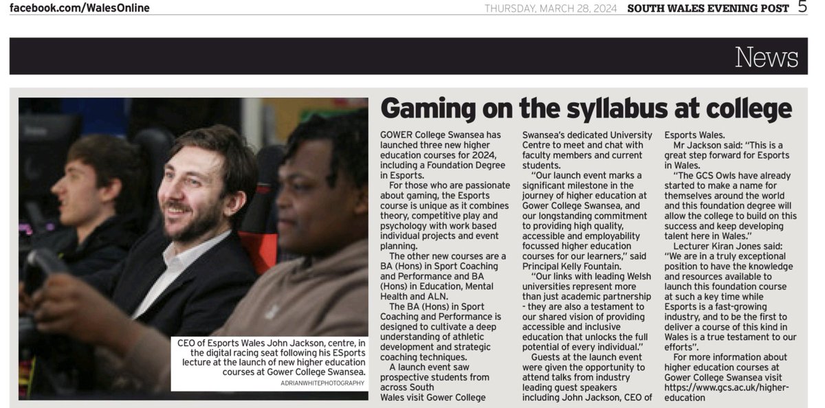 Fantastic to see the launch of our Foundation Degree in Esports being featured in the South Wales Evening Post! 🎓📰 Thanks go to @JohnJackson750 for speaking at the successful event. You can find out more about our new course here 👇 gcs.ac.uk/full-time-he-c…