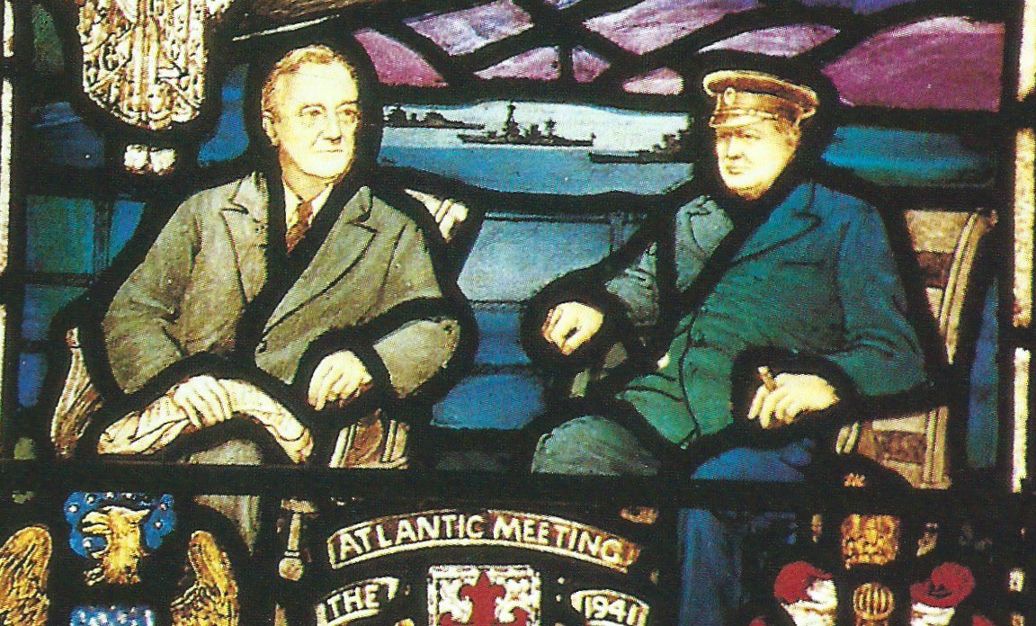 A propos unsaintly people in stained glass windows (see Arthur, King; Padstow) see also Churchill, Winston and Roosevelt, Franklin D at St Andrews Cransley. Is this the only depiction of someone smoking in stained glass?