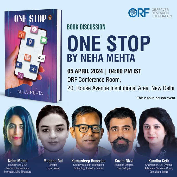 .@orfonline is hosting a #BookDiscussion on 'One Stop', authored by @NehaaMehtaa Also featuring: @BalMeghna, @kumar_deep, @kazimriz, and @karnikaseth 05 April | 04.00 PM IST Register Now: tinyurl.com/mrycerdk