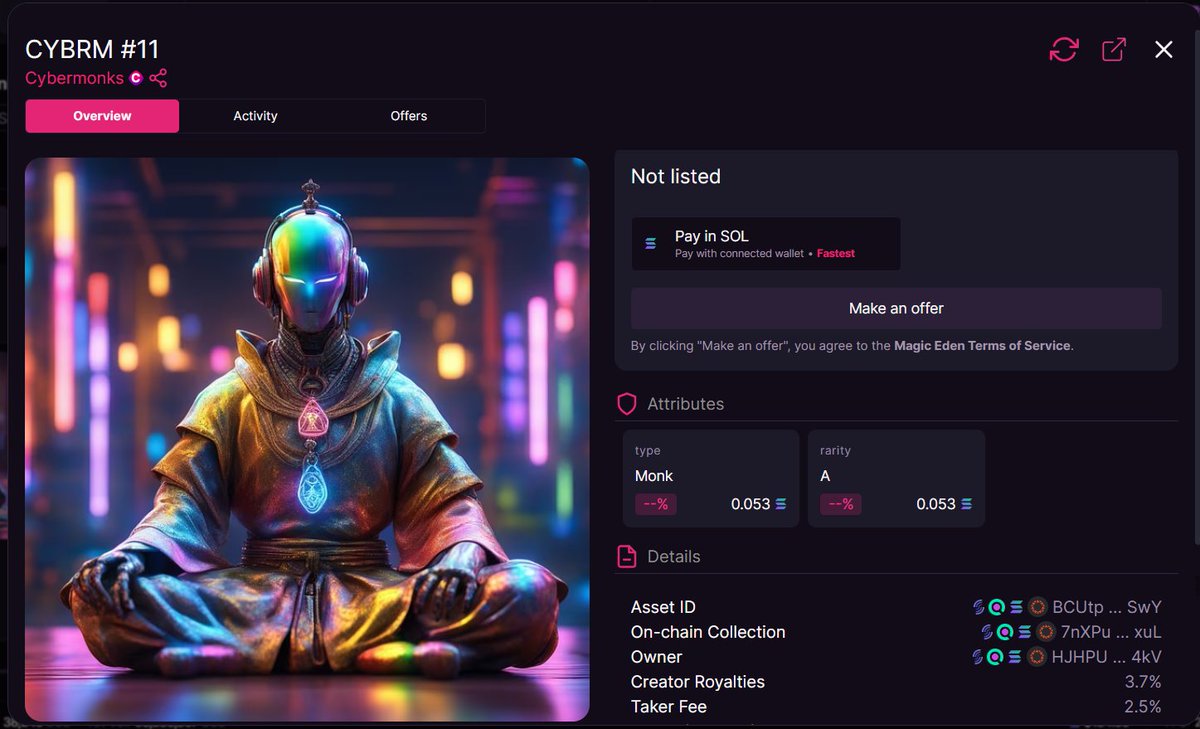 CYBRM #11     SOLDD!!!  (46% sold out)

⛏️ launchmynft.io/sol/1611

🪄 magiceden.io/marketplace/-c…

#cybermonks #SOLANA #MagicEden #Nft