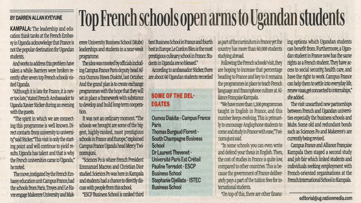 Thank you @AllanDarren for this article in the @DailyMonitor. 🤝🏽France 🇫🇷 is open to Ugandan 🇺🇬 students/interns/researchers, and my team @CampusFranceUg and I are more than glad to support anyone wishing to come and study/work in France. @FrenchEmbassyUg