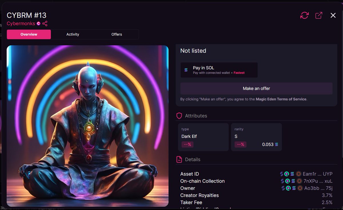 CYBRM #13     SOLDD!!!  (46% sold out)

⛏️ launchmynft.io/sol/1611

🪄 magiceden.io/marketplace/-c…

#cybermonks #SOLANA #MagicEden #Nft