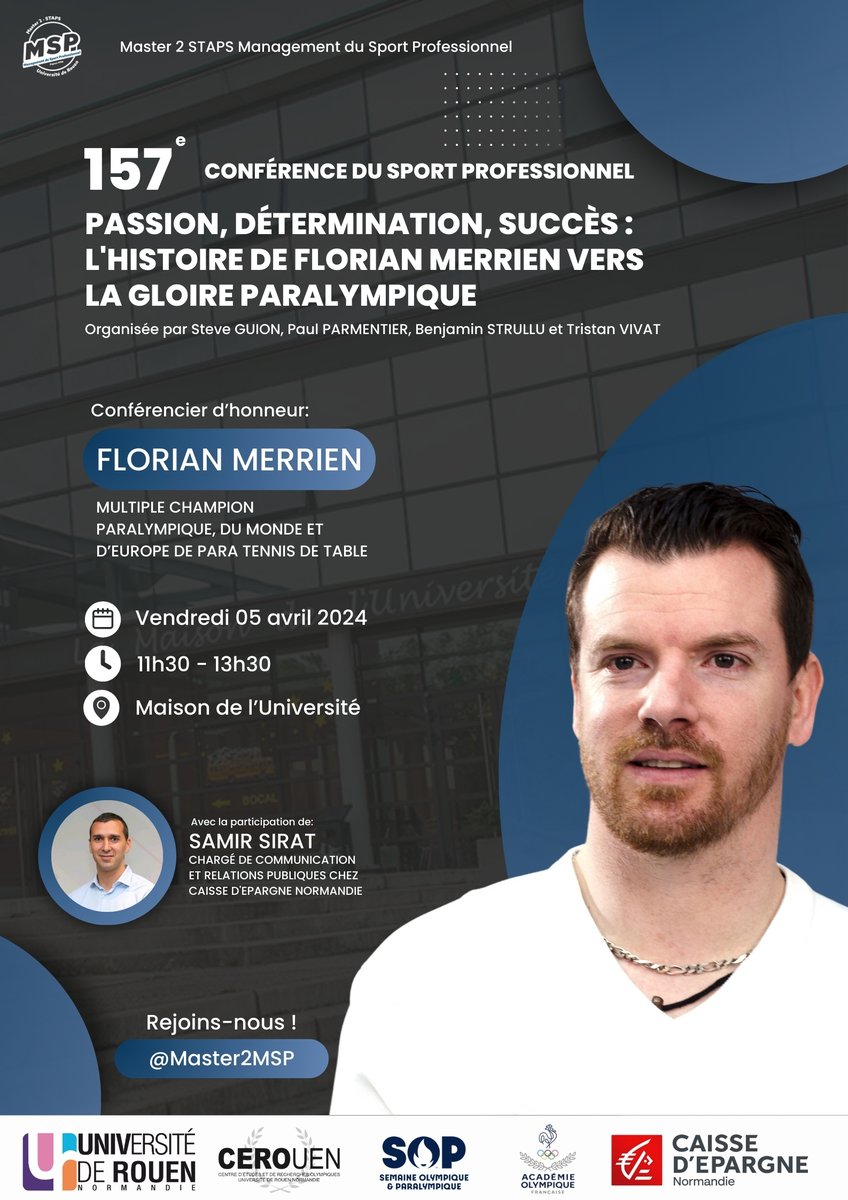 Master 2 MSP (@master2msp) on Twitter photo 🚨157ème conférence du Sport Professionnel !
📣Ravis d’accueillir <a href="/flomerrienping/">Florian Merrien</a>, multiple champion paralympique, du Monde et d'Europe de para-tennis de table 🏓
Accompagné de <a href="/SamirSIRAT/">Samir SIRAT</a> pour parler partenariat sportif chez <a href="/CE_Normandie/">Caisse d'Epargne Normandie</a> 🤝
#M2MSP #CSP 🚨157ème conférence du Sport Professionnel !
📣Ravis d’accueillir <a href="/flomerrienping/">Florian Merrien</a>, multiple champion paralympique, du Monde et d'Europe de para-tennis de table 🏓
Accompagné de <a href="/SamirSIRAT/">Samir SIRAT</a> pour parler partenariat sportif chez <a href="/CE_Normandie/">Caisse d'Epargne Normandie</a> 🤝
#M2MSP #CSP