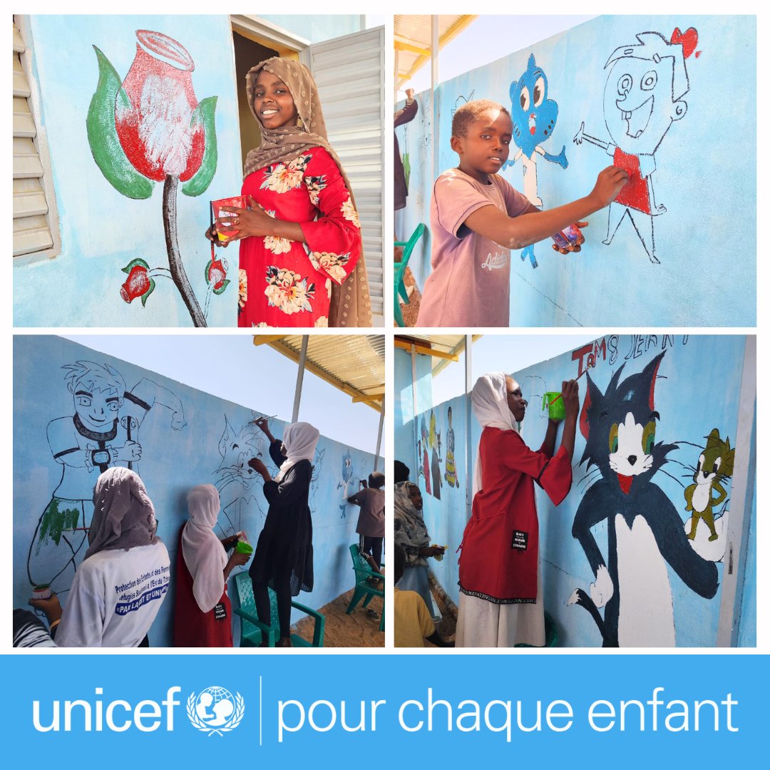 In Farchana, eastern #Chad, the child-friendly space is getting a new look🎨 The children are busy repainting it and showing off their creativity. With the support of @NorwayMFA, @UNCERF @StatePRM 🇺🇸 @UNICEF is helping refugee children to overcome their trauma. #ForEveryChild💙